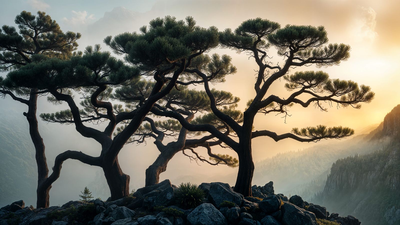 Lofty pines on misty mountains, hyperdetailed, hyperrealistic, perfect, 8K.