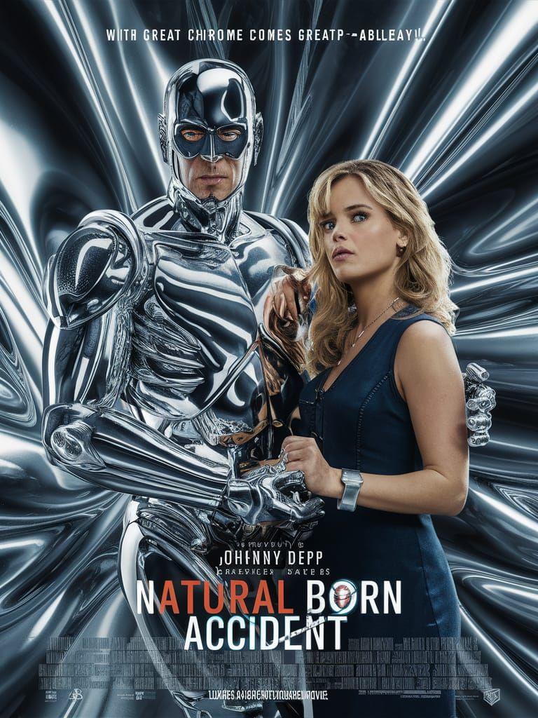 Movie Poster: Shining Chrome Cyborg in Cyberpunk Style