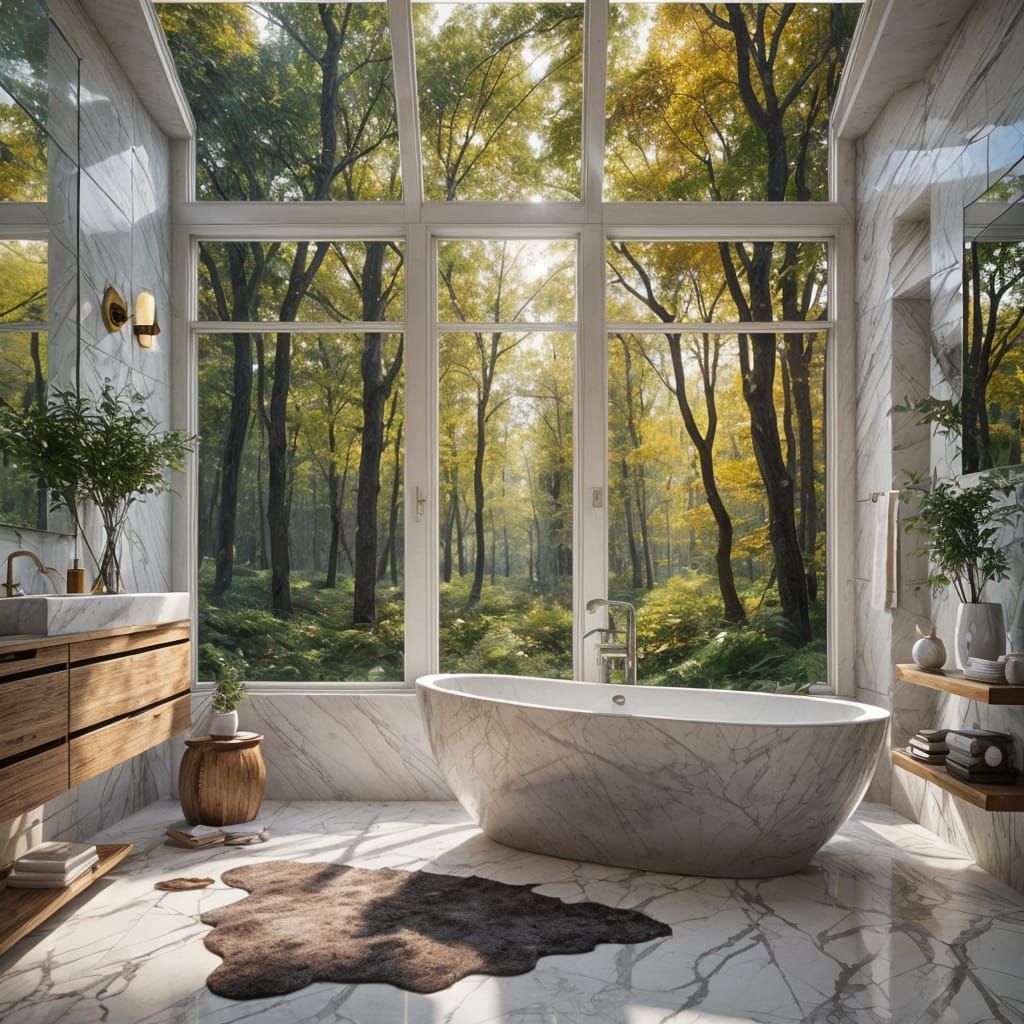 Modern White Bathroom with Forest View in Digital Art