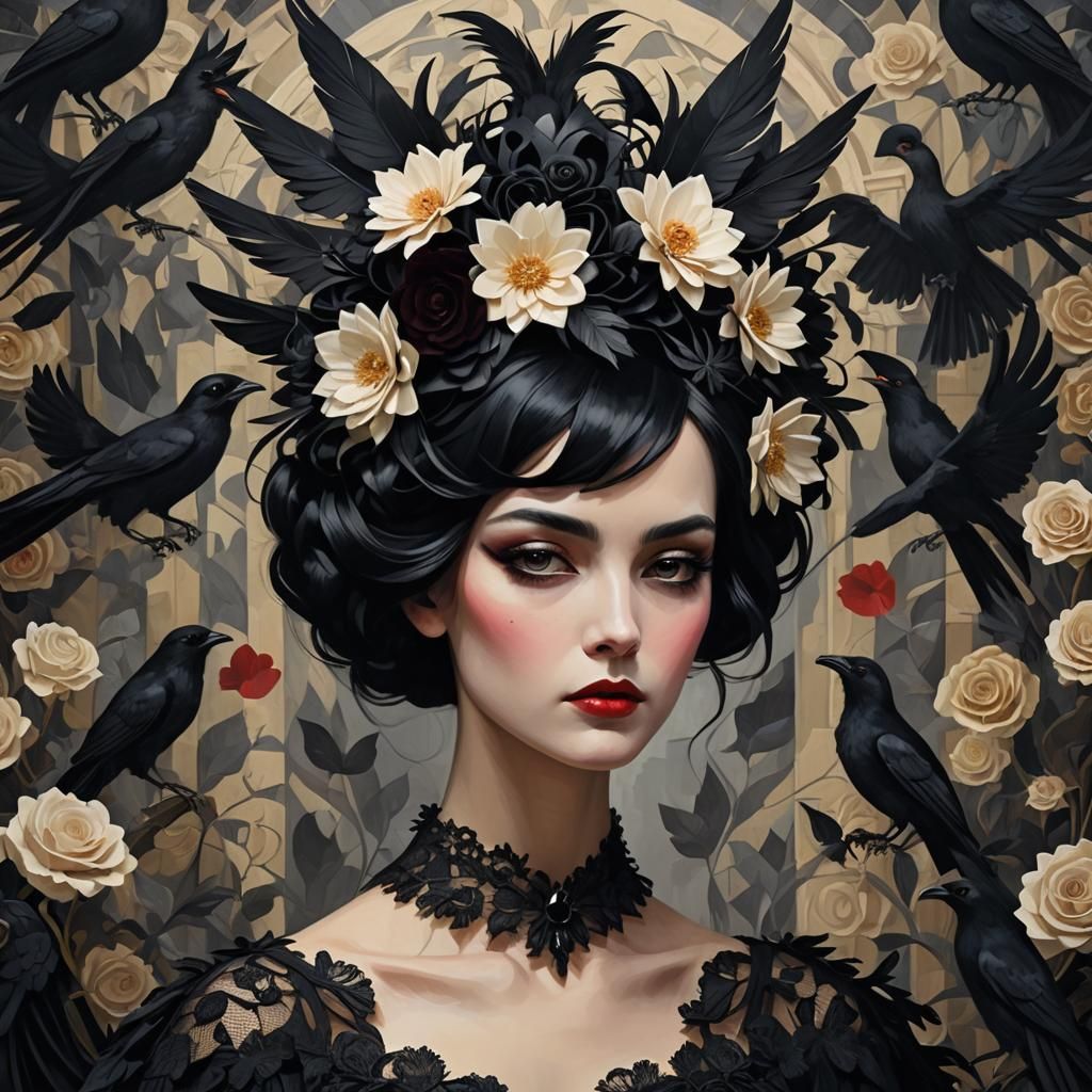 Surreal Expressionist Woman with Black Wings