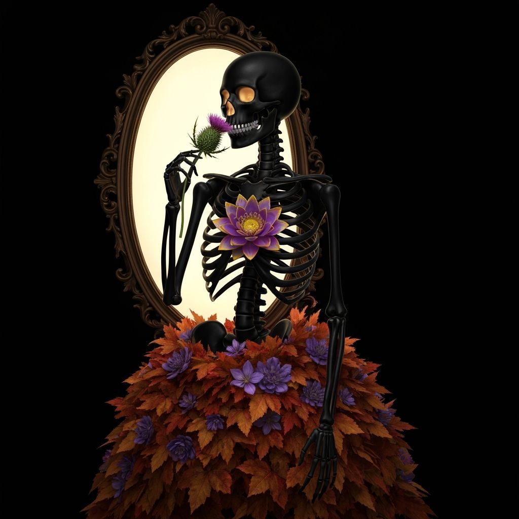 Floral Skeleton in Mirror, Dark Fantasy Art