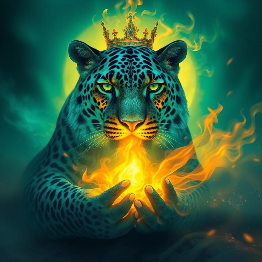 Surreal Cyberpunk City with Blue Leopard God