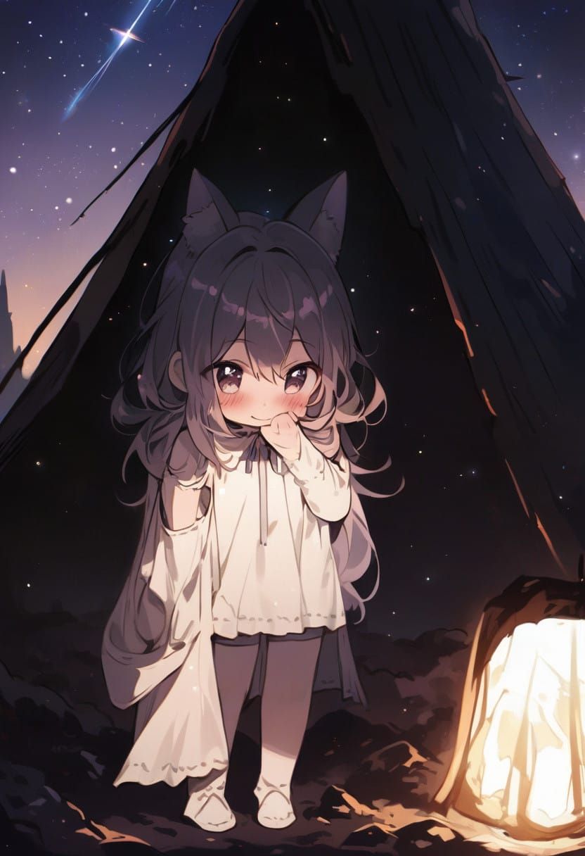 Cute Catgirl Under Starry Skies