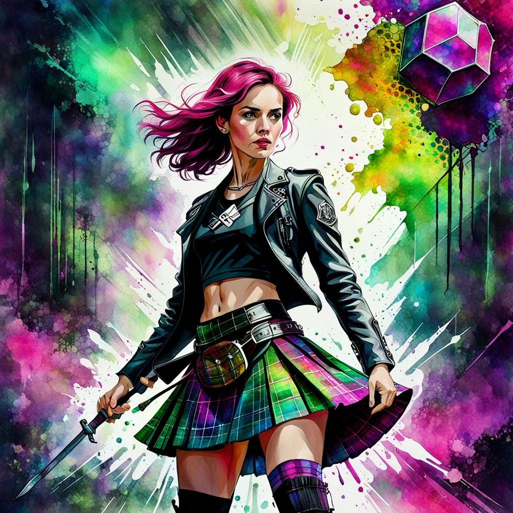 Scottish Woman in Kilt: Watercolor Punk Masterpiece
