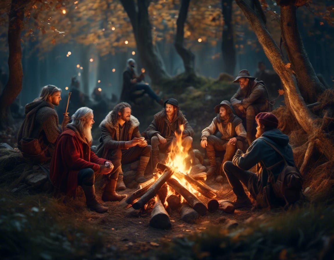 Medieval Adventurers Around Campfire at Dusk