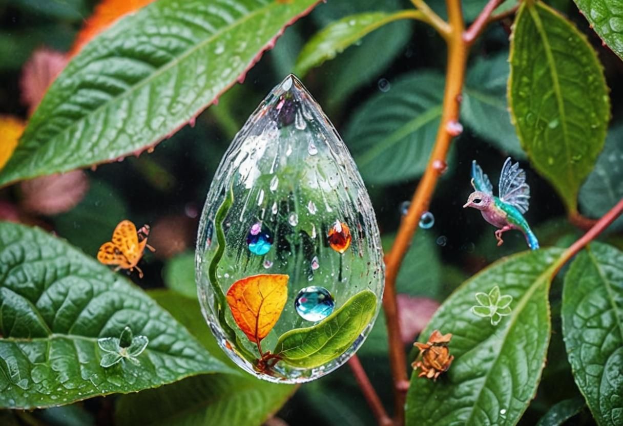 Macro Raindrop Reflecting a Tiny Dreamy World