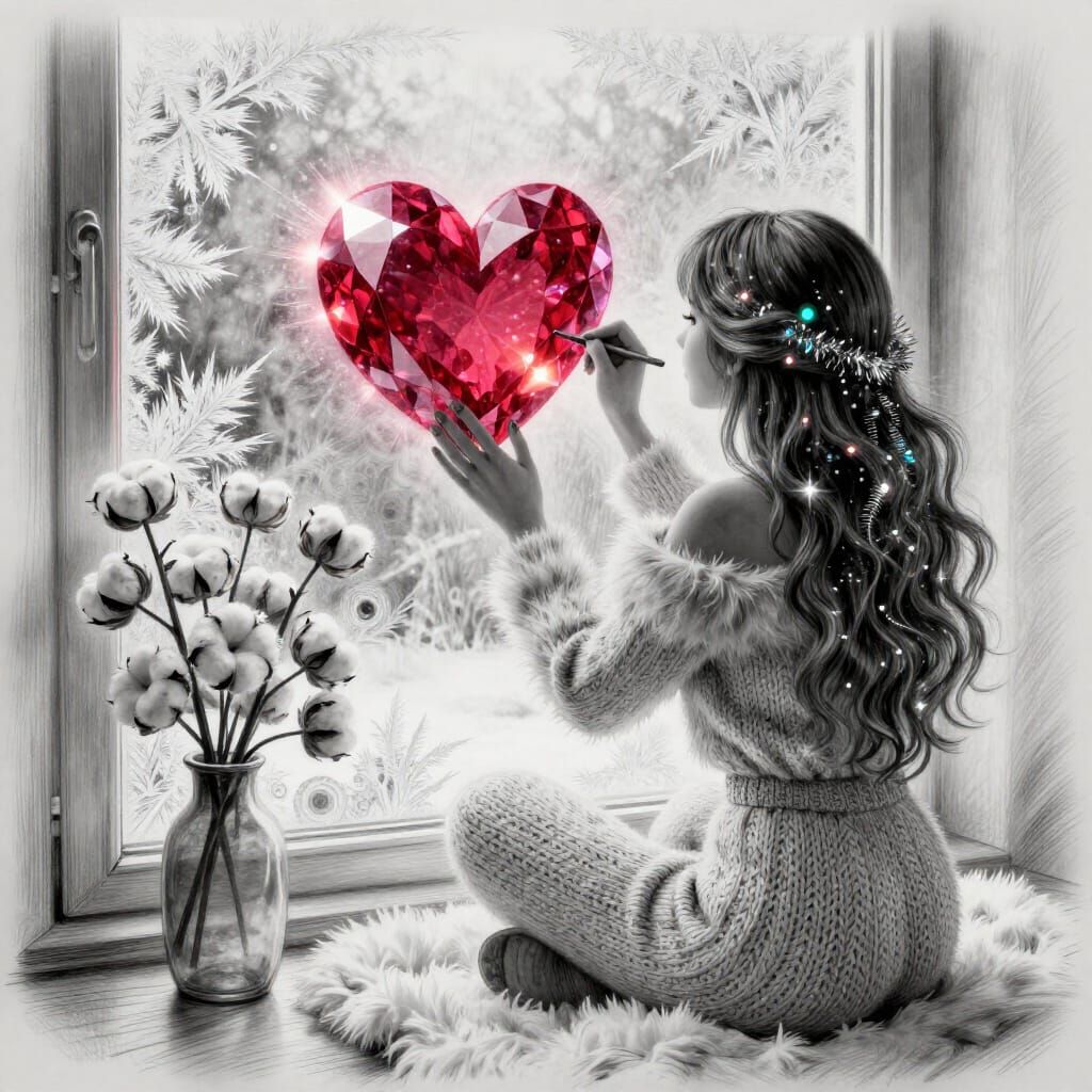 Woman Draws Glowing Heart on Frosted Window, Sketch Art Styl...
