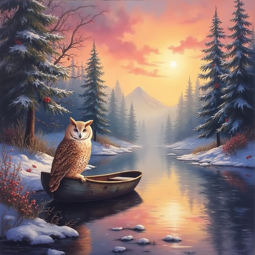 Majestic Owl in Winter Wonderland Scene