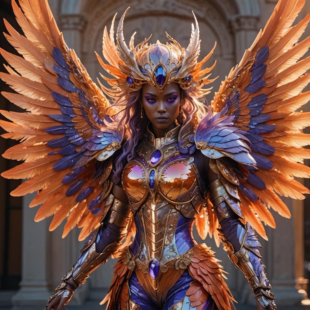 Alien Sculpture with Orange Wings in Baroque Style