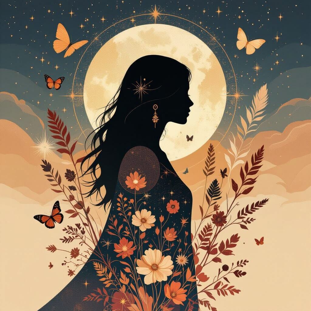 Boho Abstract Female Silhouette with Celestial Elements