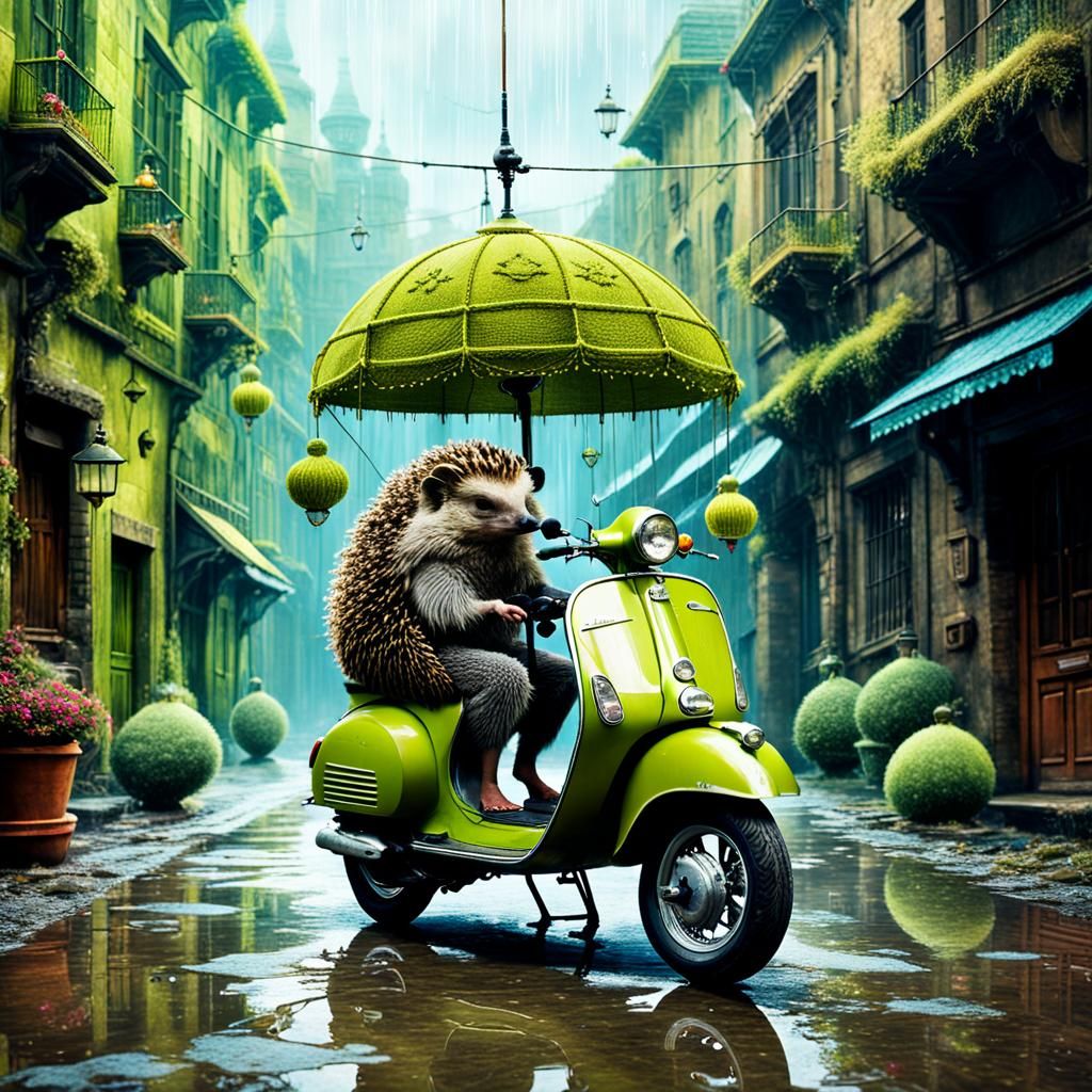 Hedgehog on Vespa: Surreal Art with Patina Finish