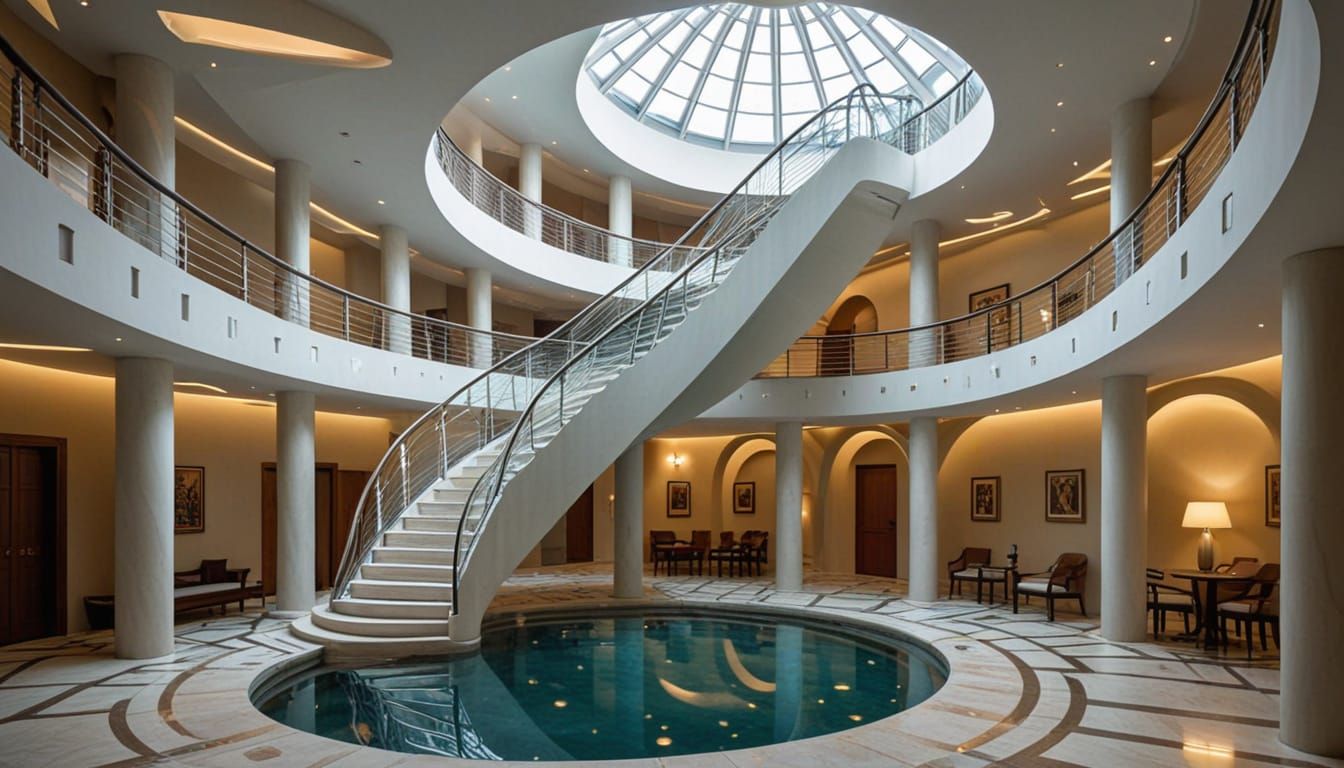 Escher Staircase Living Room with Floating Furniture