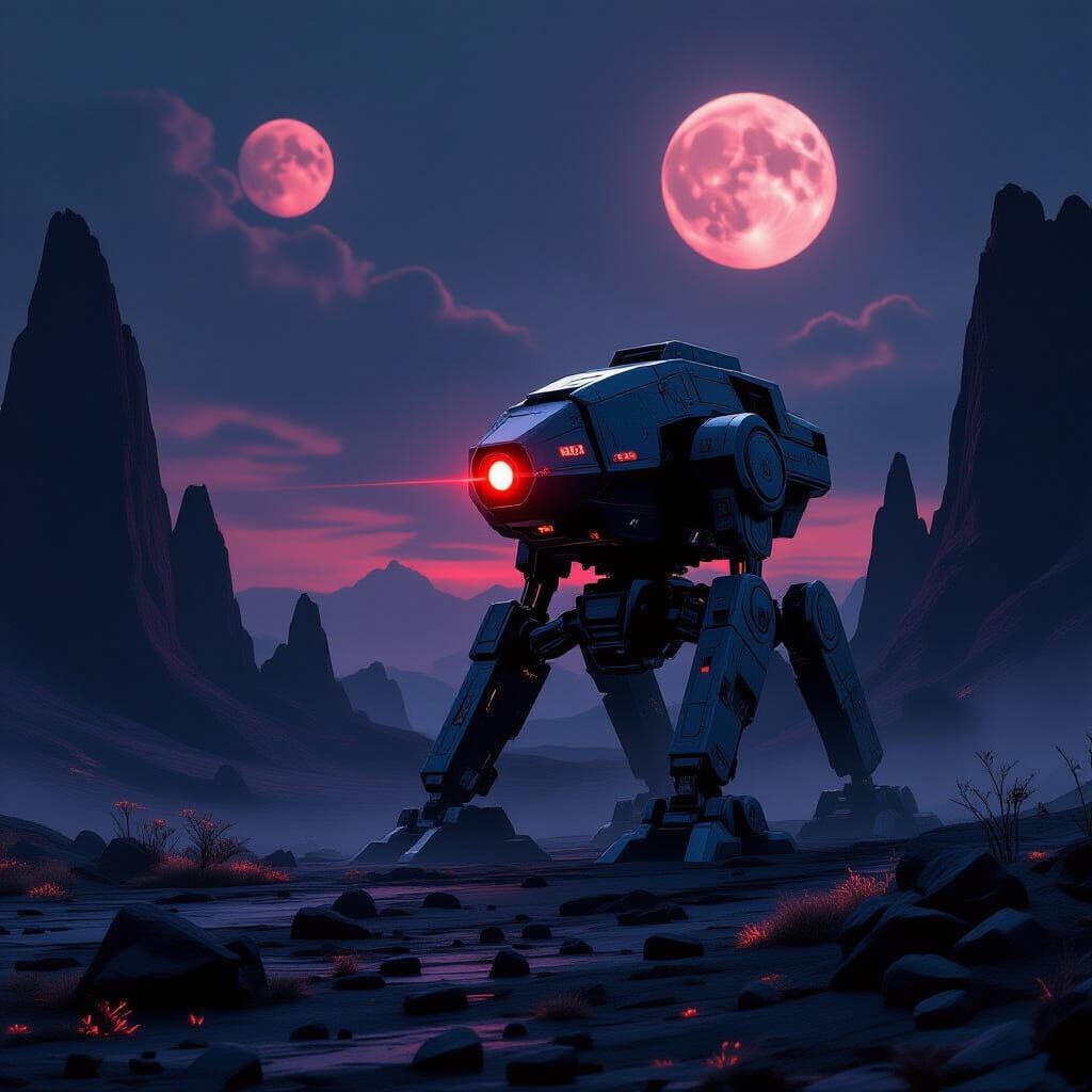 War Mech Scans Horizon Under Twin Moons