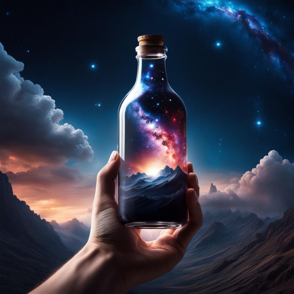 God's Hand Holds Galaxy in Bottle