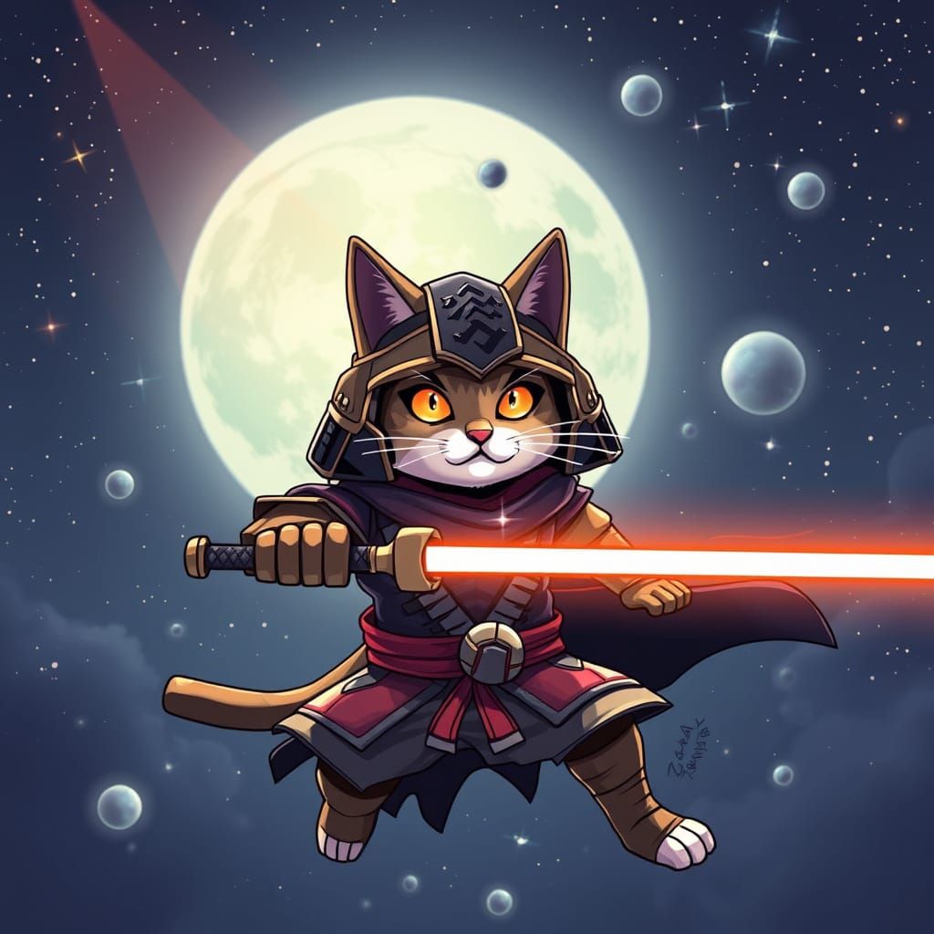Cyberpunk Samurai Cat Battles Alien Foes with Laser Sword