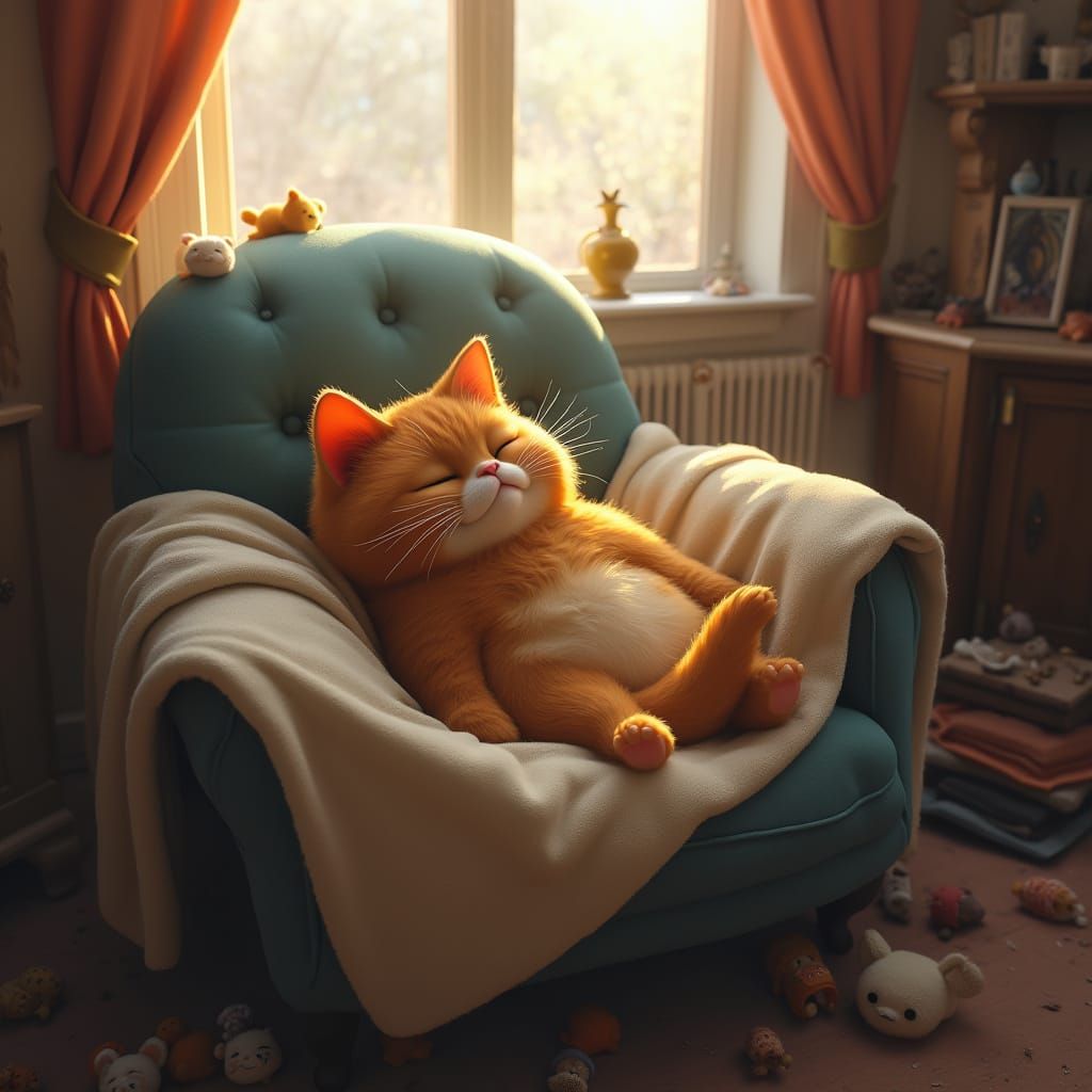 Chubby Tabby Cat Wakens in Cozy Armchair