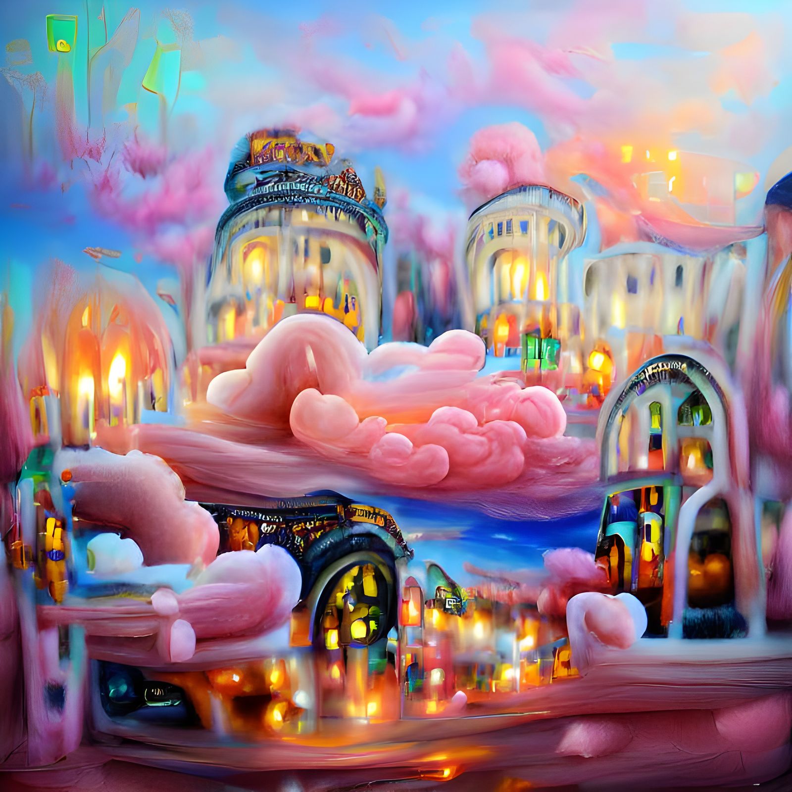 Fairytale Neon Town in Pink Clouds: Hyperrealistic Oil Paint...