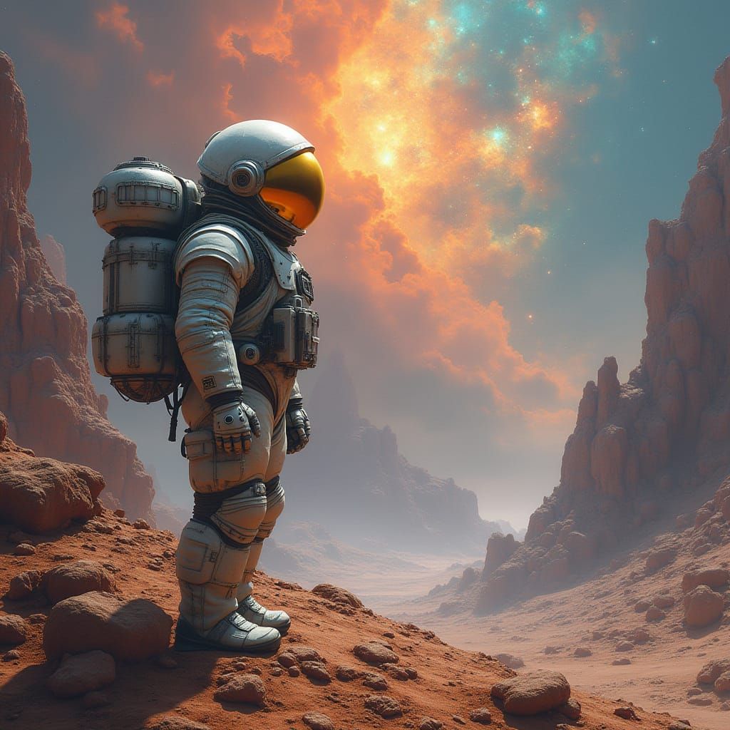 Astronaut on Alien Planet Gazing at Nebula