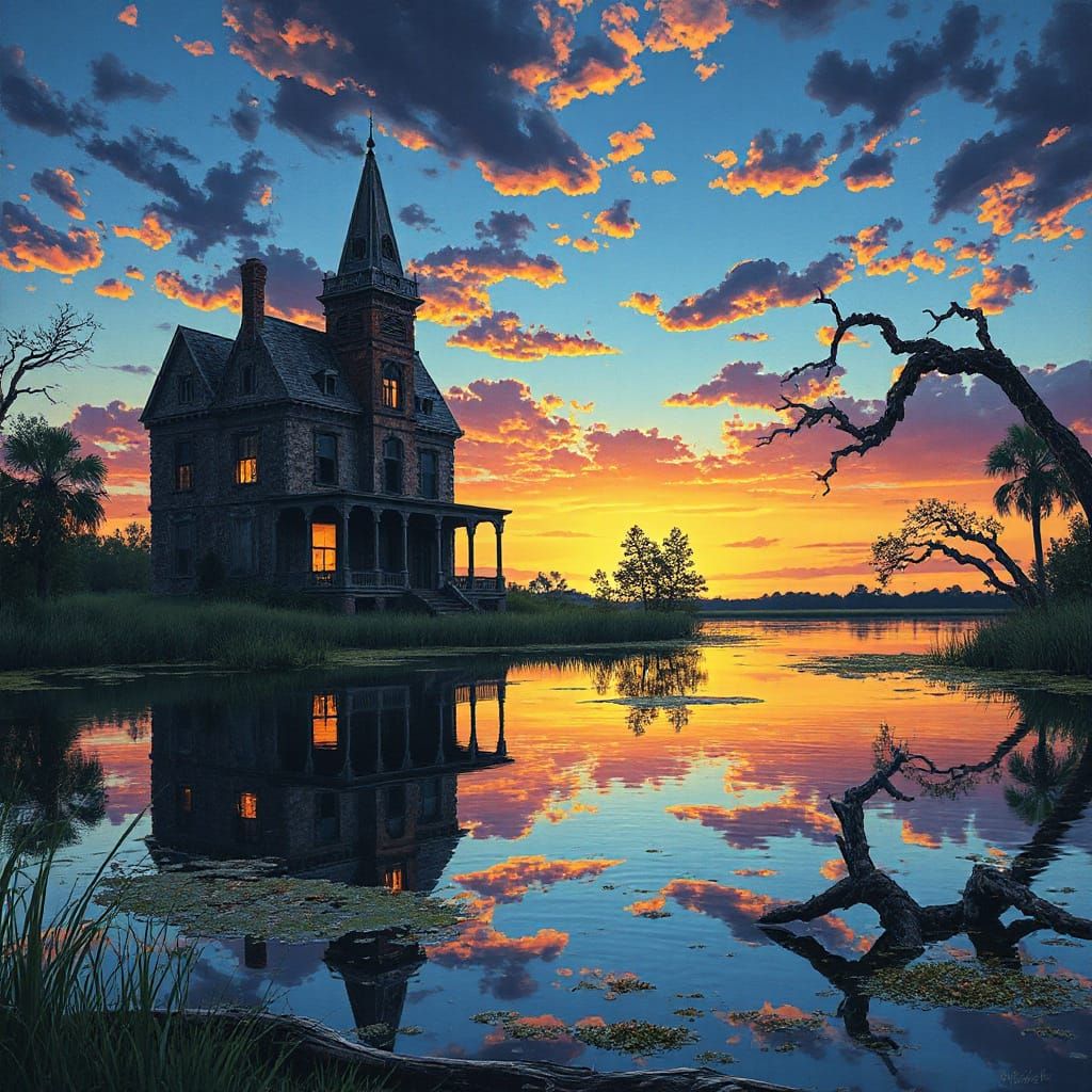 Gothic Mansion Reflected in Bayou at Sunset