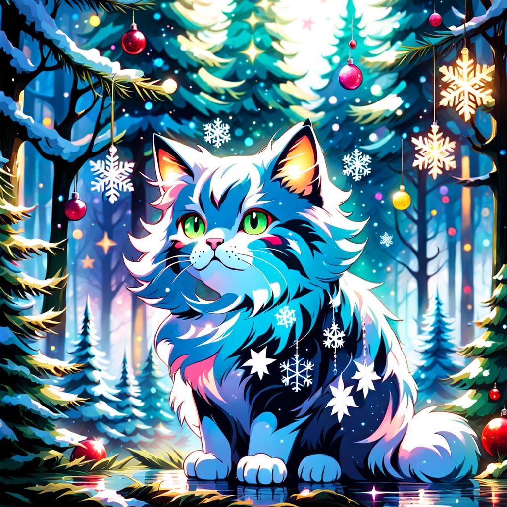 Anime Christmas Tree Cat in Graffiti Art