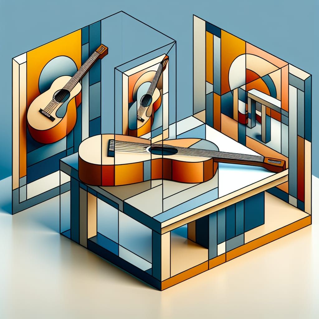 Cubist Guitar on Table in Geometric Abstraction