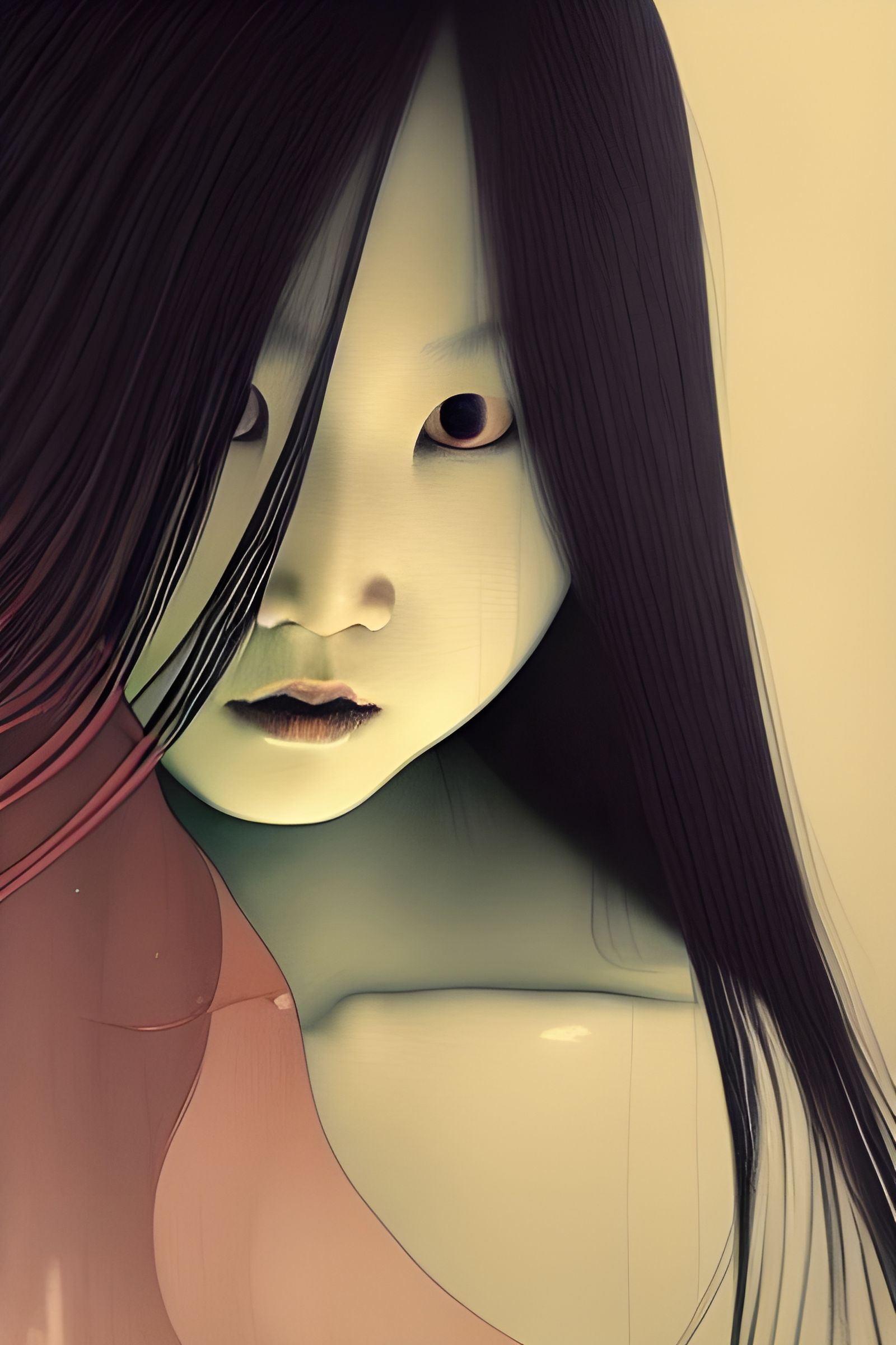 Sinister Portrait of Kayako Saeki in Watercolor Style