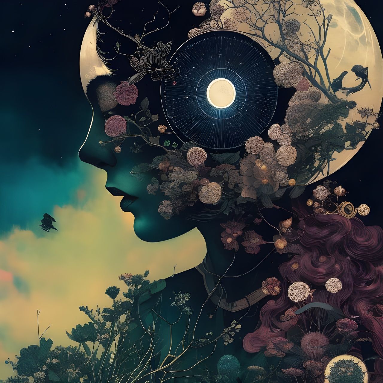 Astrological Space Flower Collage in Dual Color Scheme