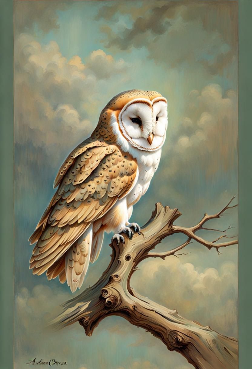 Barn Owl on Pine Branch in Vintage Pastel Art