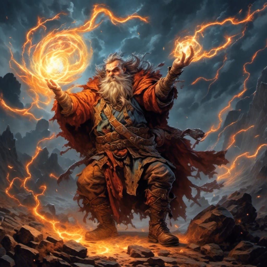 Dwarf Sorcerer Wielding Elemental Magic in RPG Art