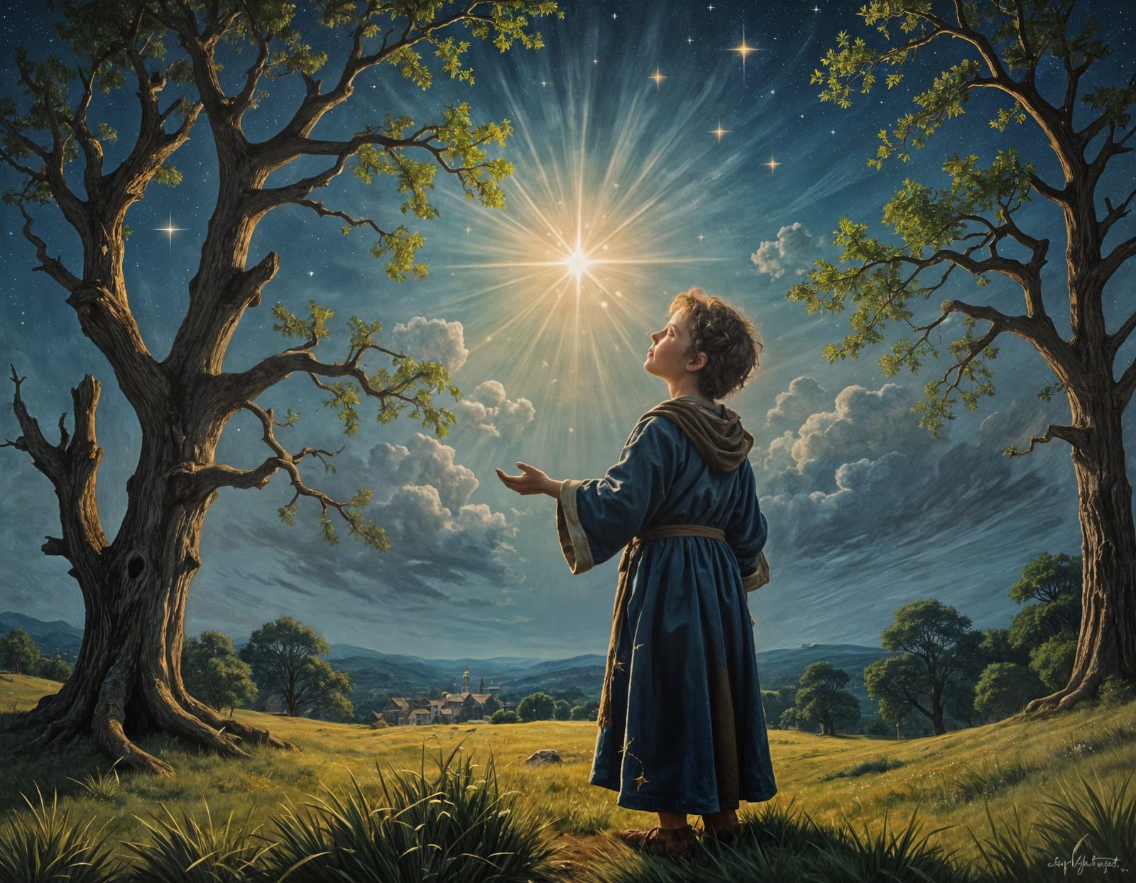 Medieval Star Shines on Village: Oil Painting