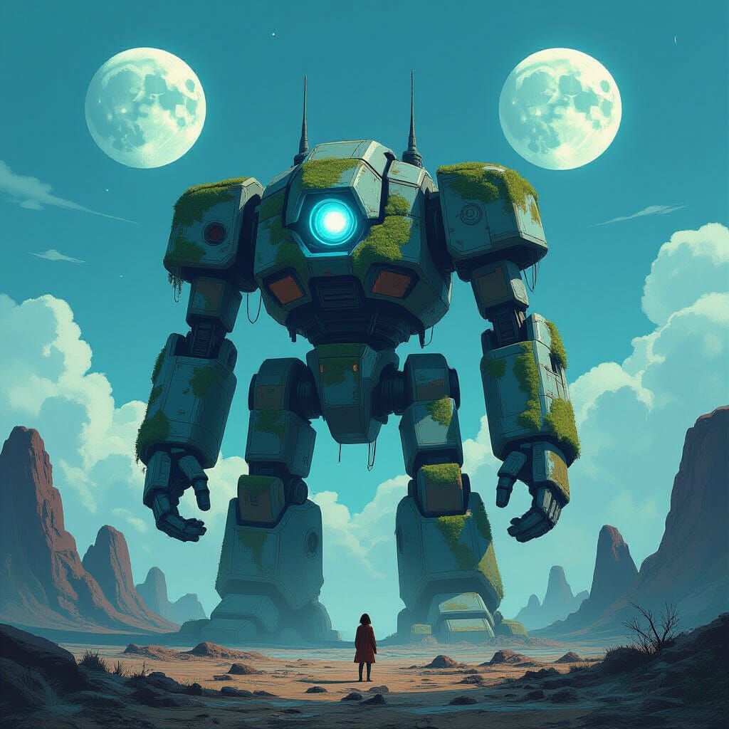 Ancient Robot Sentinel in Alien Landscape