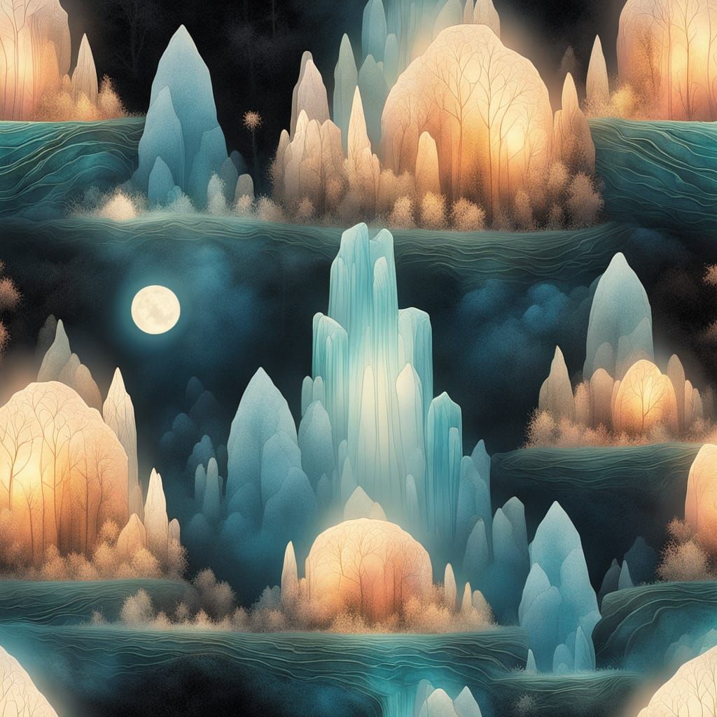Crystal Potion in Whimsical, Surrealist Waterfall Scene