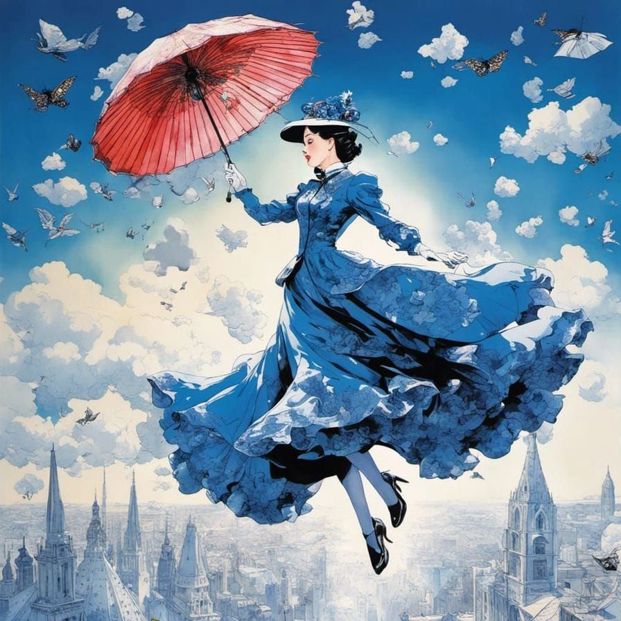 Magical Mary Poppins Flying Over Flower Village