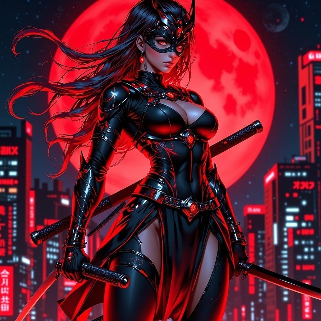 Cyberpunk Samurai Warrior Woman with Red Katanas