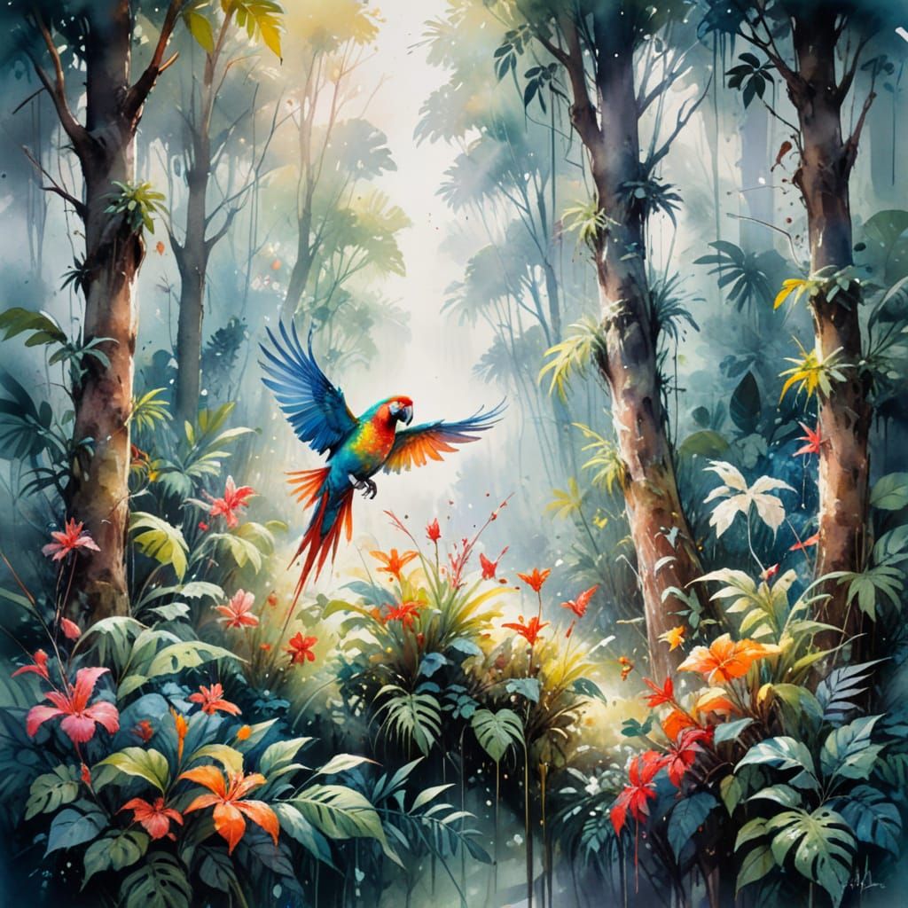 Exotic Tropical Parrot Amidst Vibrant Jungle Bloom