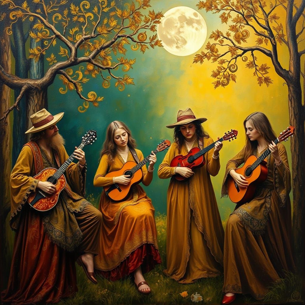 Mystical Celtic Bluegrass Musicians in Dreamlike Landscape