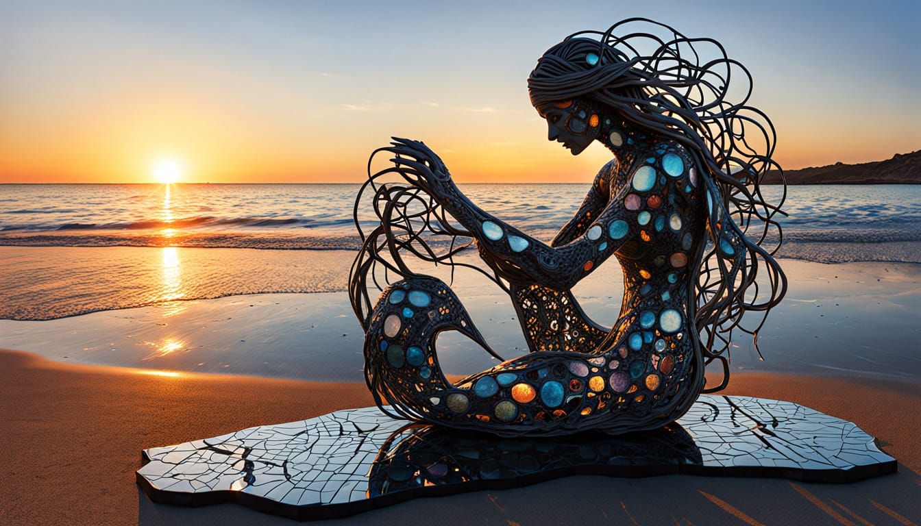 Surreal Fragmented Sculpture of Woman at Sunset