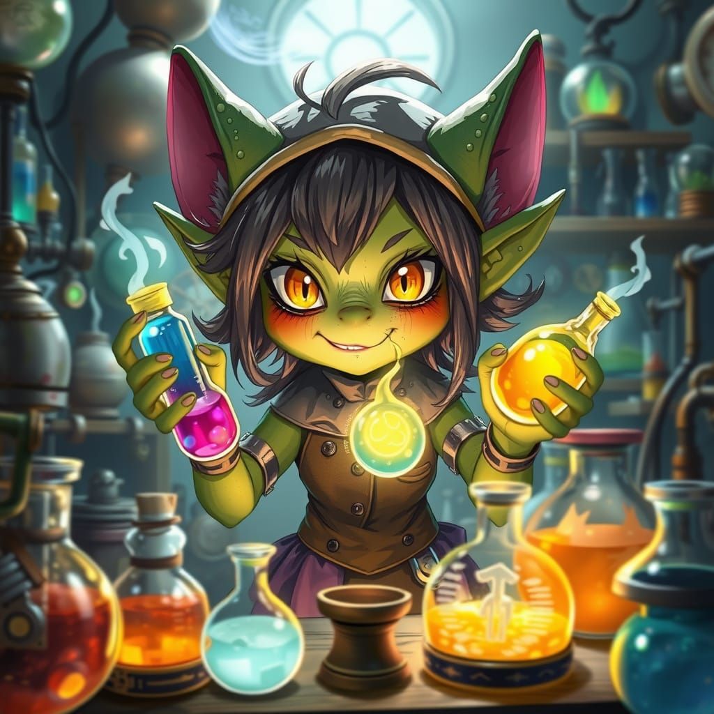 Whimsical Goblin Alchemist Girl in Anime Style