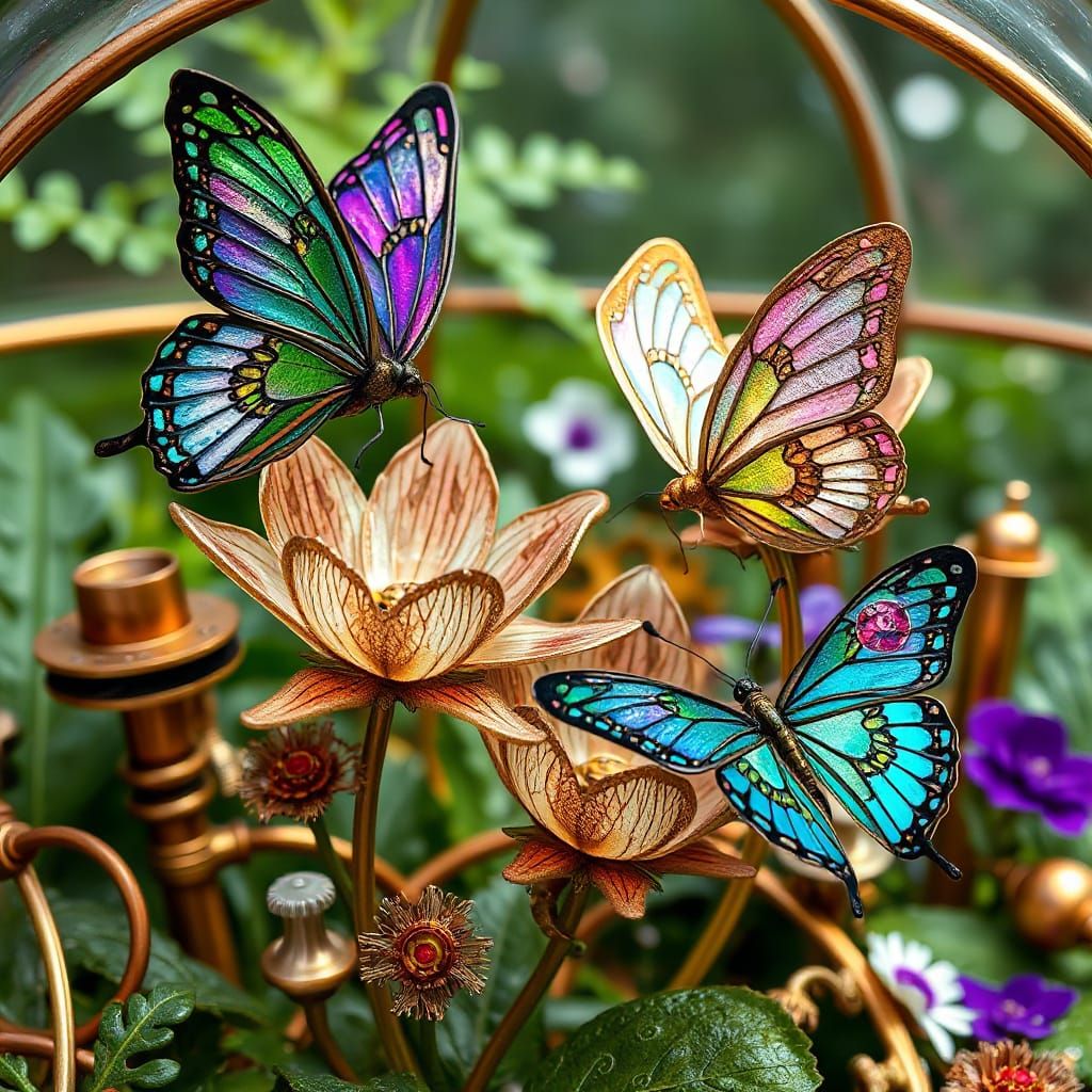 Steampunk Butterflies in a Vibrant Mechanical Garden