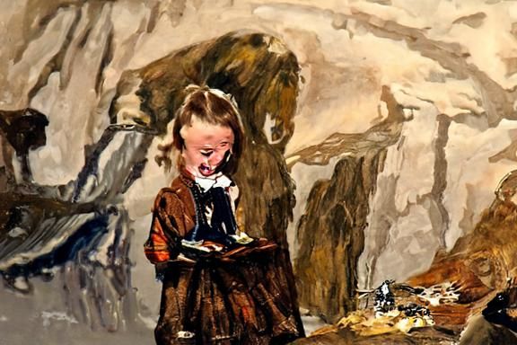 Puberty explained. Young girl looks horrified. Peder Balke. Walt Disney. Oil painting. child's drawing storybook illustr...