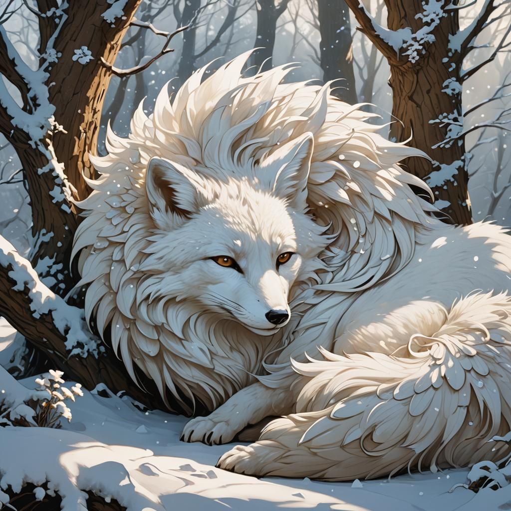 Fox Dragon Sleeping in Snowy Forest, Art Nouveau