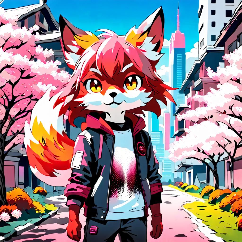 Neo Tokyo Fox in Fantasy Garden: Digital Art