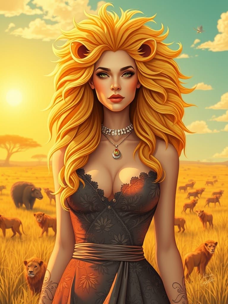 Regal Lion Woman in Surreal Art Style