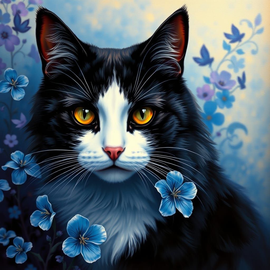 Regal Black and White Cat in Mystical Bloom