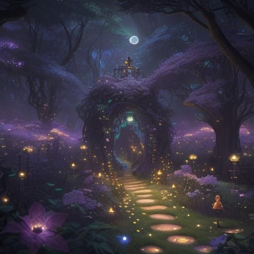 a whimsical scene of fireflies guiding fairy residents throu...