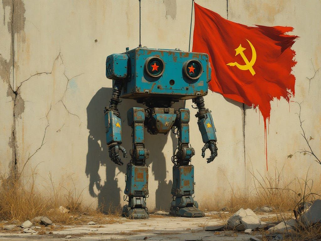 Soviet Robot Stands Guard in Ruined Cityscape