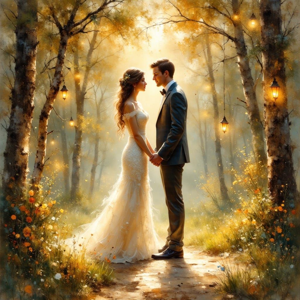 Couple at Altar in Springtime, Impressionistic Style
