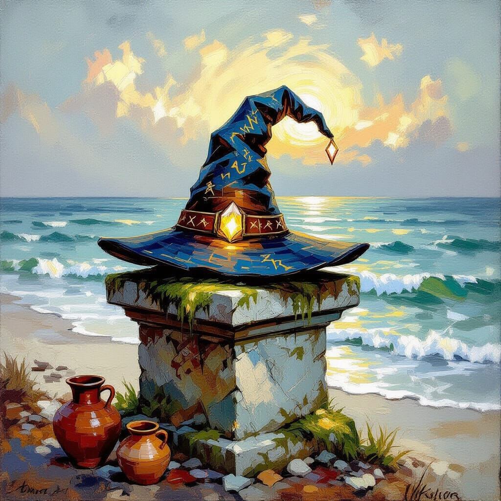 Ancient Wizard Hat with Crystal on Pedestal