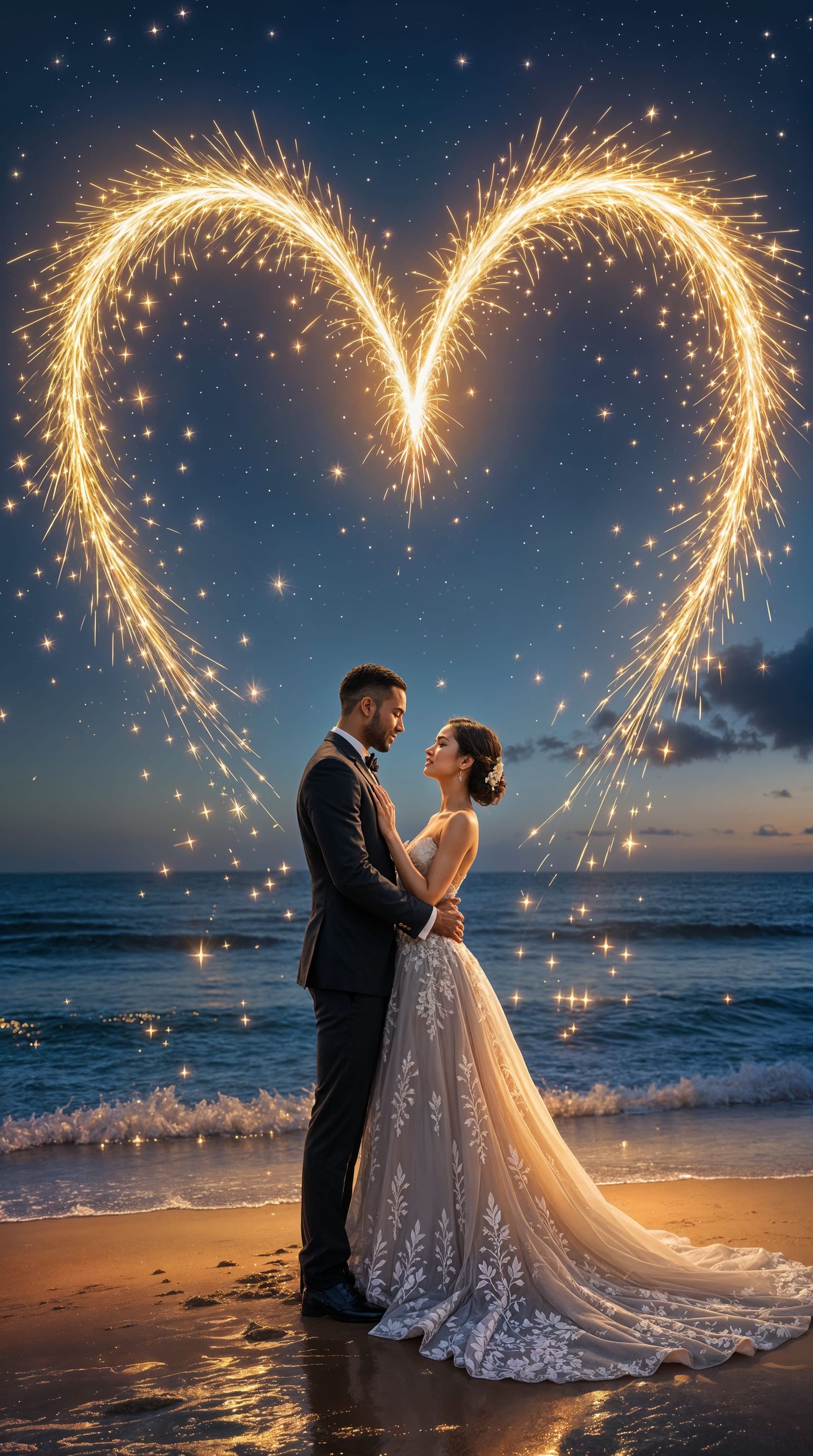 Romantic Beach Wedding in Golden Fireworks