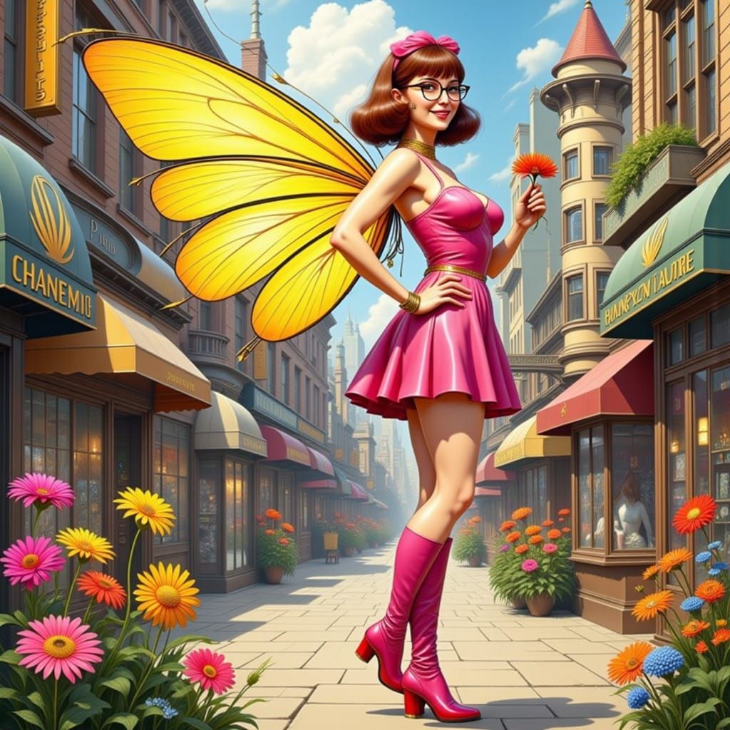 1960's Mary Quant inspired fairy princess on Carnaby Street at the height of the Hippies era <lora:Fairies:1.0> <lora:60...